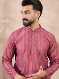 Men Pink Silk Blend Floral Printed Straight Kurta-MKU1969