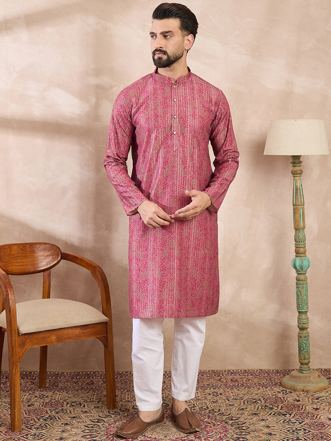 Men Pink Silk Blend Floral Printed Straight Kurta-MKU1969