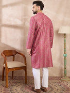 Men Pink Silk Blend Floral Printed Straight Kurta-MKU1969