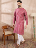 Men Pink Silk Blend Floral Printed Straight Kurta-MKU1969
