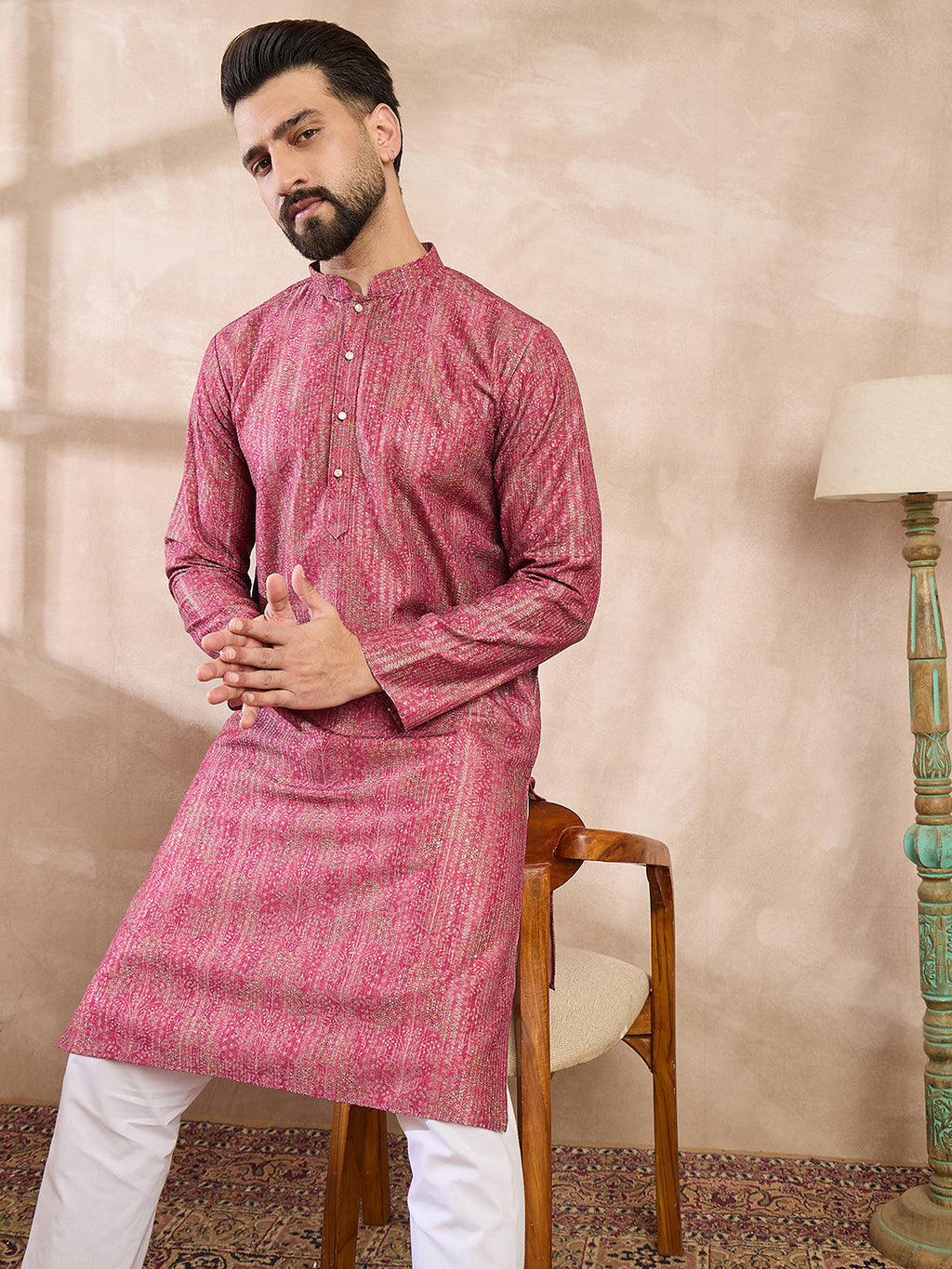 Men Pink Silk Blend Floral Printed Straight Kurta-MKU1969