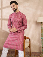 Men Pink Silk Blend Floral Printed Straight Kurta-MKU1969