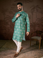 Men Teal Silk Blend Floral Printed Straight Kurta-MKU1971
