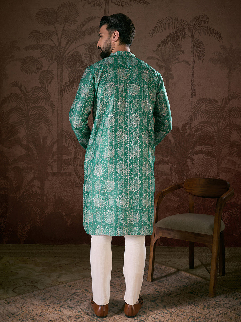 Men Teal Silk Blend Floral Printed Straight Kurta-MKU1971