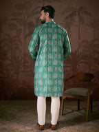 Men Teal Silk Blend Floral Printed Straight Kurta-MKU1971