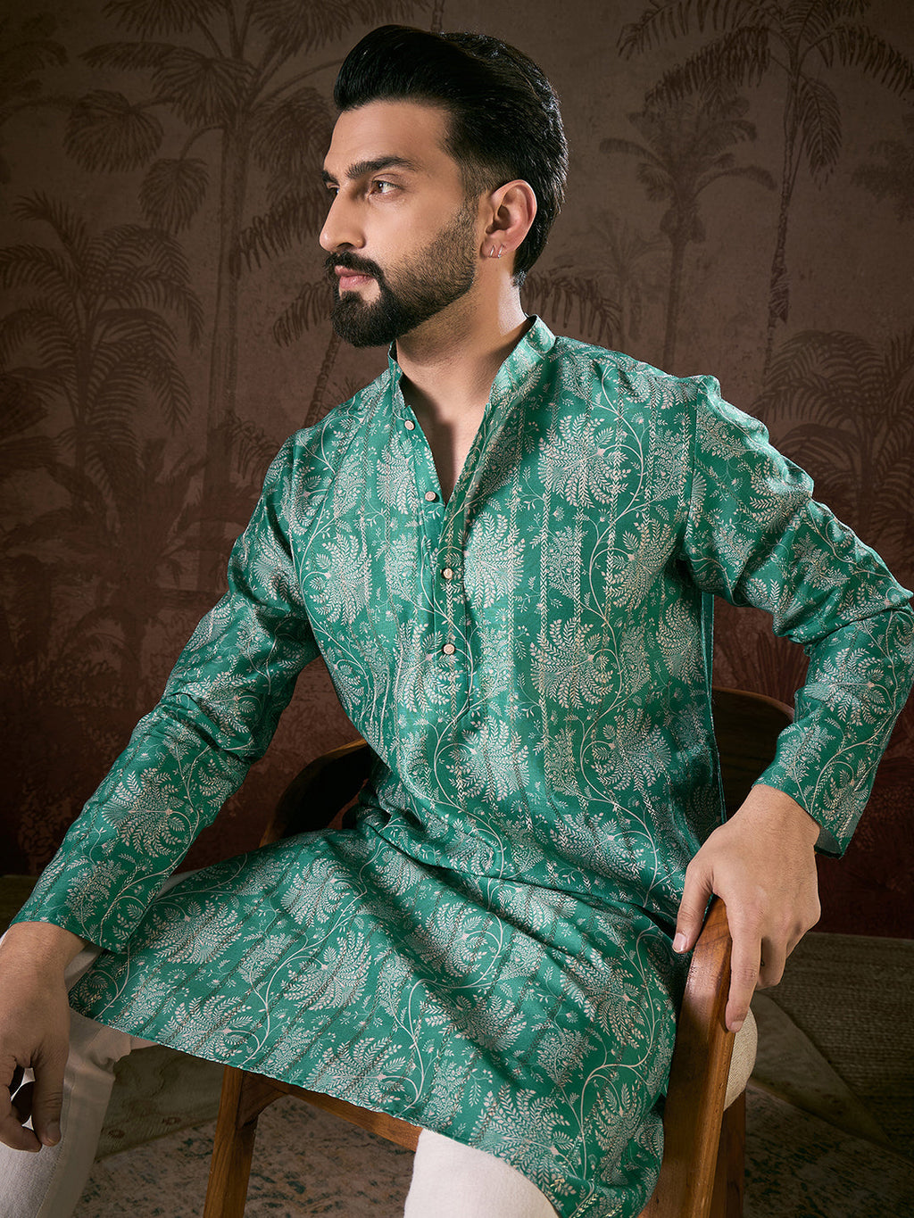 Men Teal Silk Blend Floral Printed Straight Kurta-MKU1971