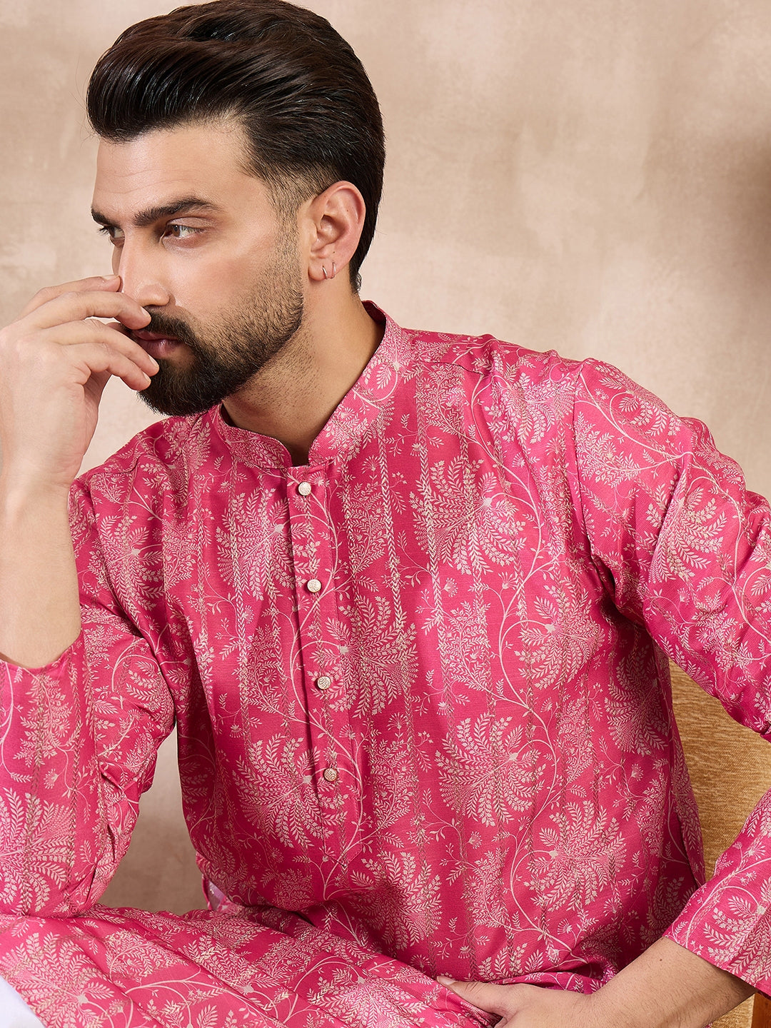 Men Pink Silk Blend Floral Printed Straight Kurta-MKU1972