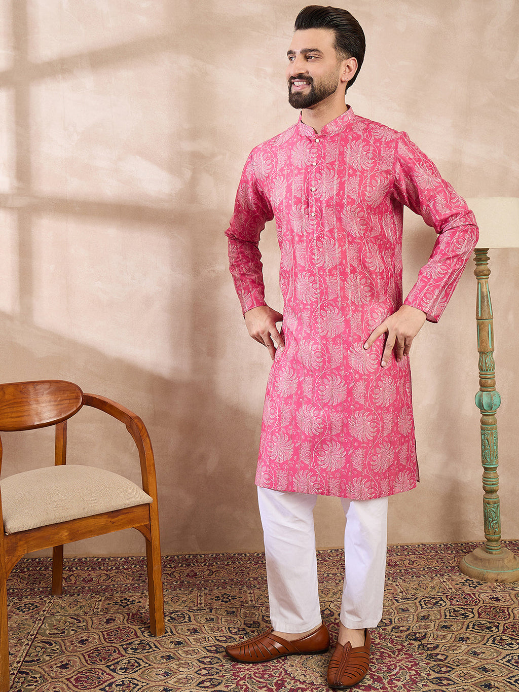 Men Pink Silk Blend Floral Printed Straight Kurta-MKU1972