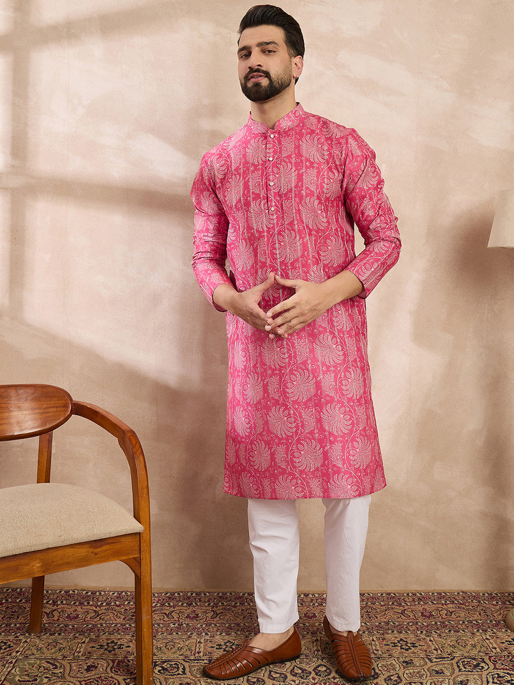 Men Pink Silk Blend Floral Printed Straight Kurta-MKU1972