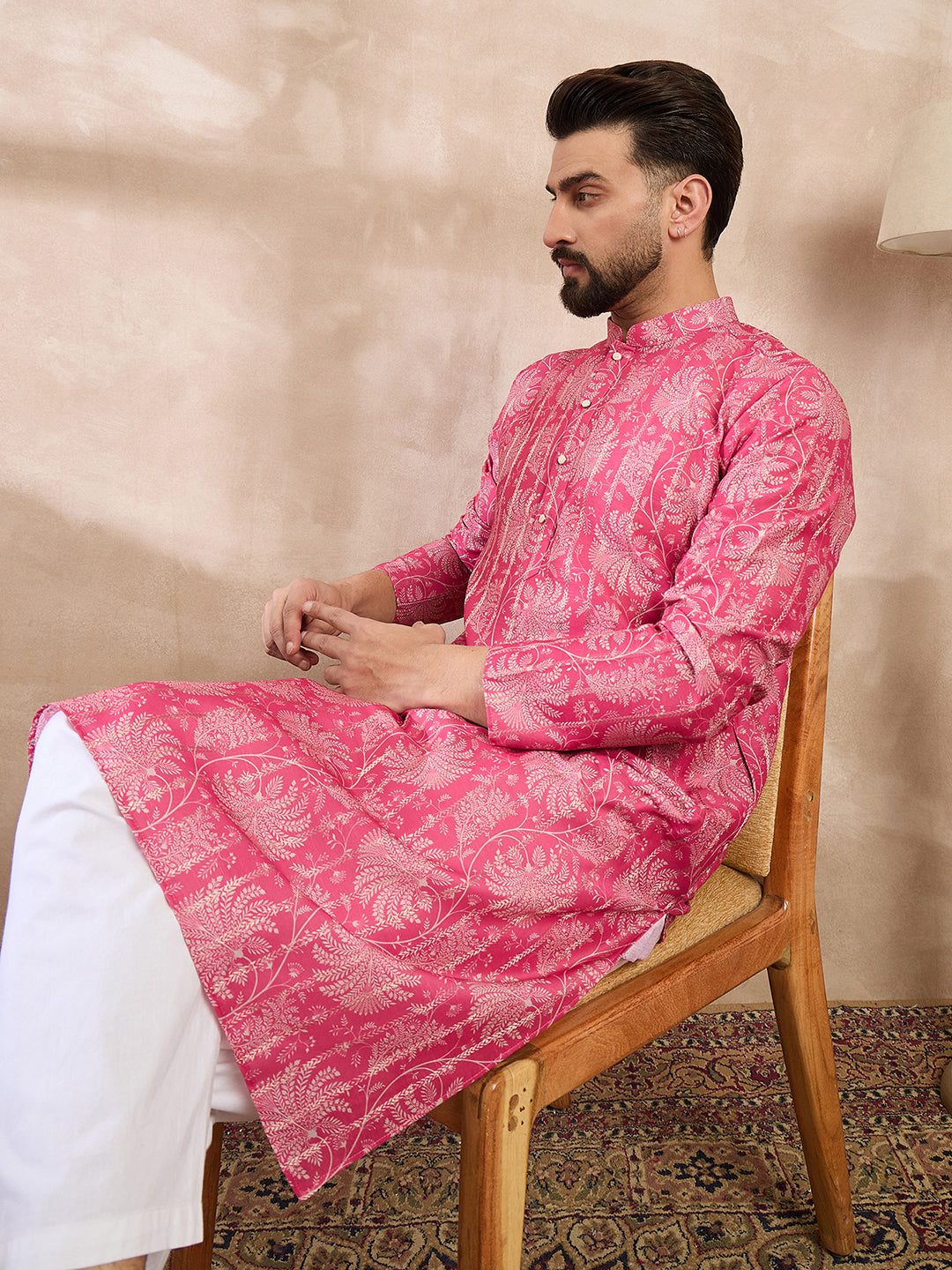 Men Pink Silk Blend Floral Printed Straight Kurta-MKU1972