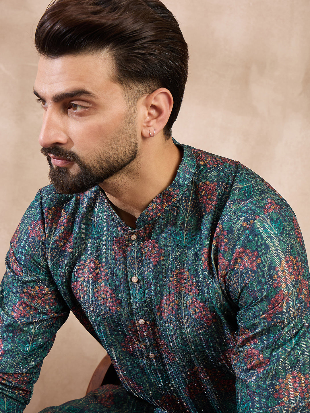 Men Blue Silk Blend Floral Printed Straight Kurta-MKU1974