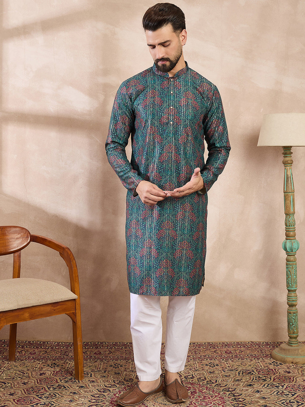 Men Blue Silk Blend Floral Printed Straight Kurta-MKU1974