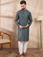 Men Blue Silk Blend Floral Printed Straight Kurta-MKU1974