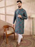 Men Blue Silk Blend Floral Printed Straight Kurta-MKU1974