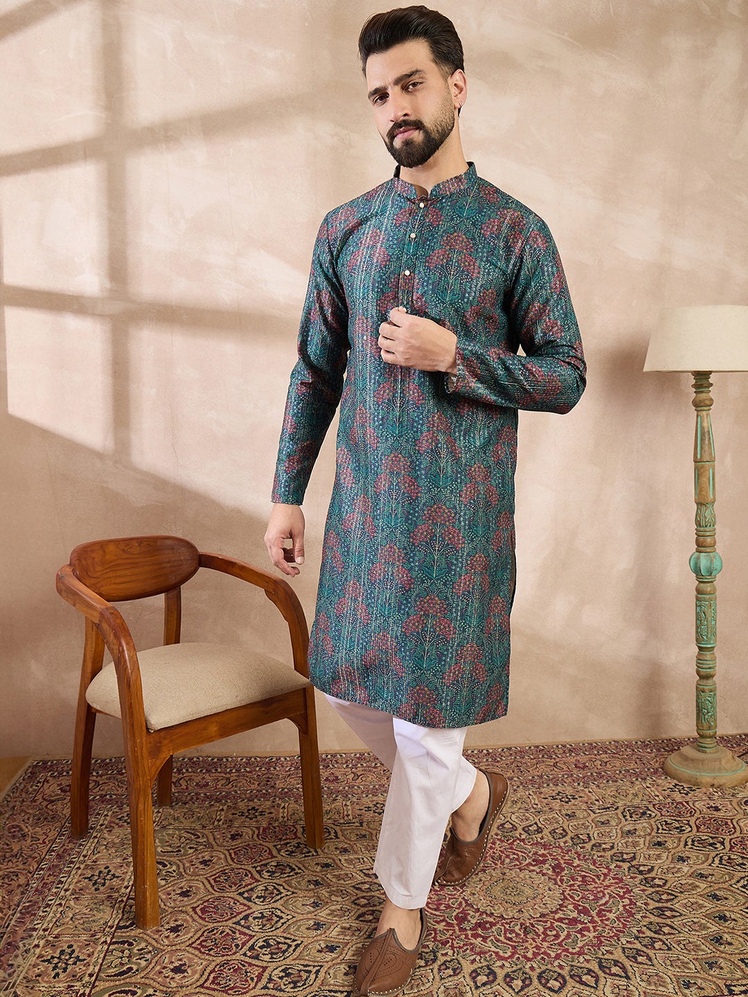 Men Blue Silk Blend Floral Printed Straight Kurta-MKU1974