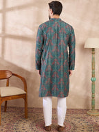 Men Blue Silk Blend Floral Printed Straight Kurta-MKU1974