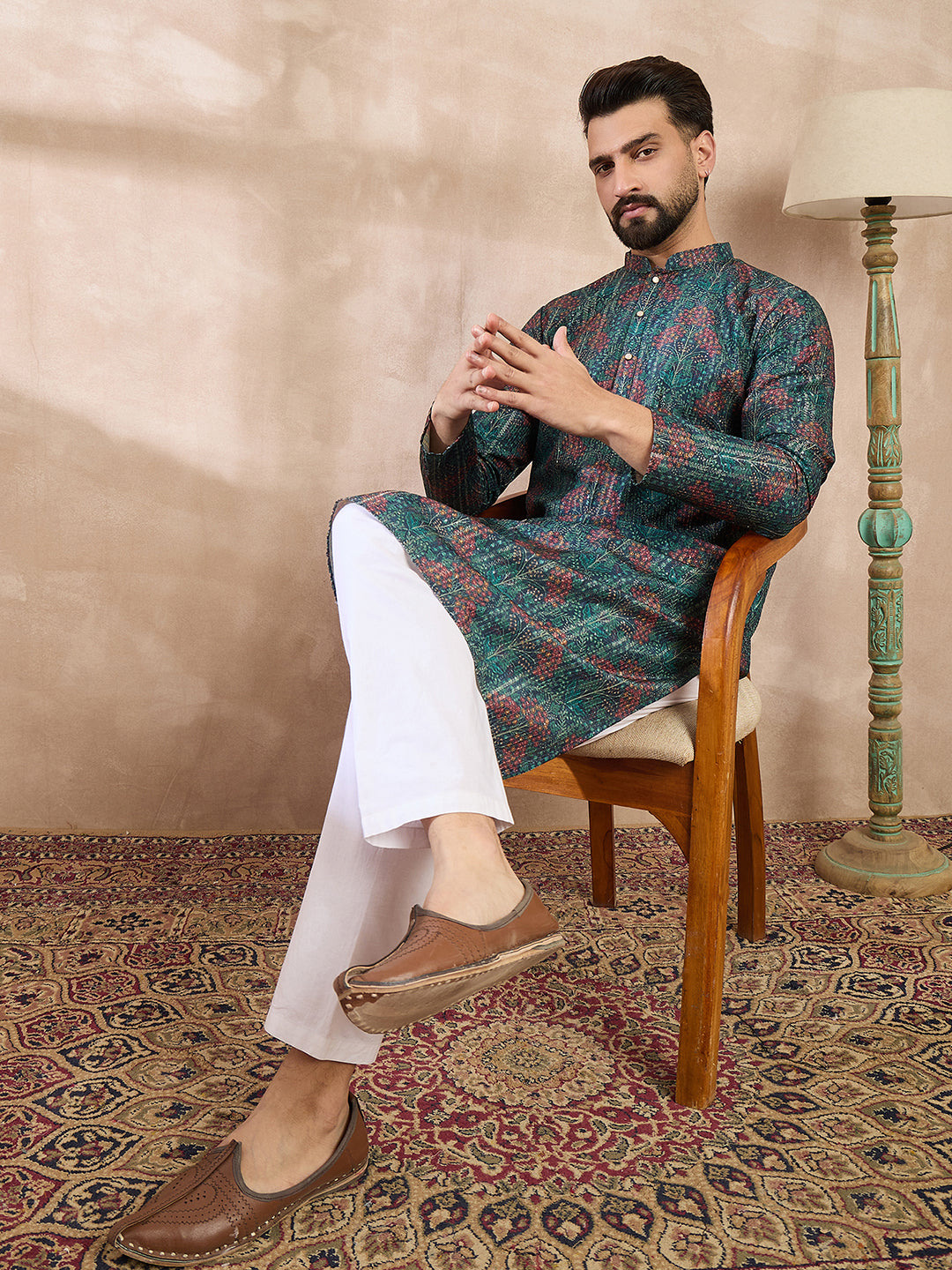 Men Blue Silk Blend Floral Printed Straight Kurta-MKU1974