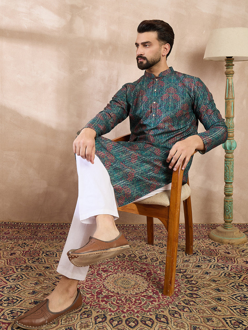 Men Blue Silk Blend Floral Printed Straight Kurta-MKU1974