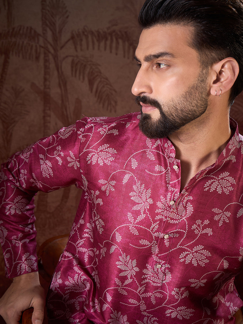Men Red Silk Blend Floral Printed Straight Kurta-MKU1975