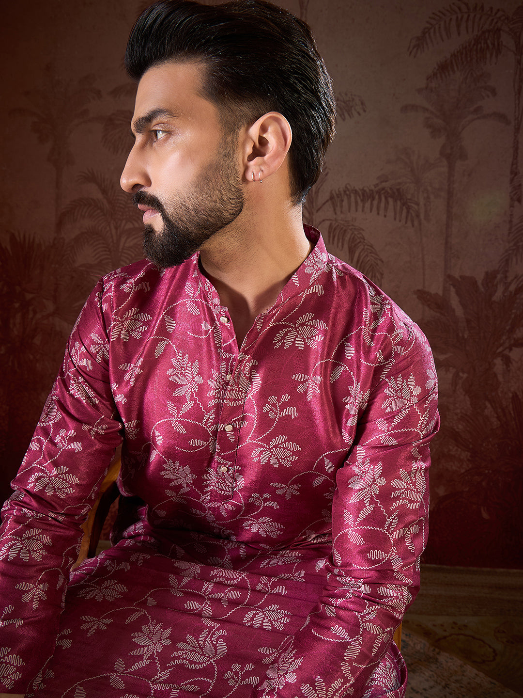 Men Red Silk Blend Floral Printed Straight Kurta-MKU1975