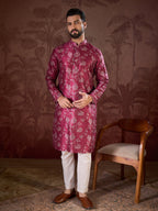 Men Red Silk Blend Floral Printed Straight Kurta-MKU1975