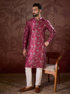 Men Red Silk Blend Floral Printed Straight Kurta-MKU1975