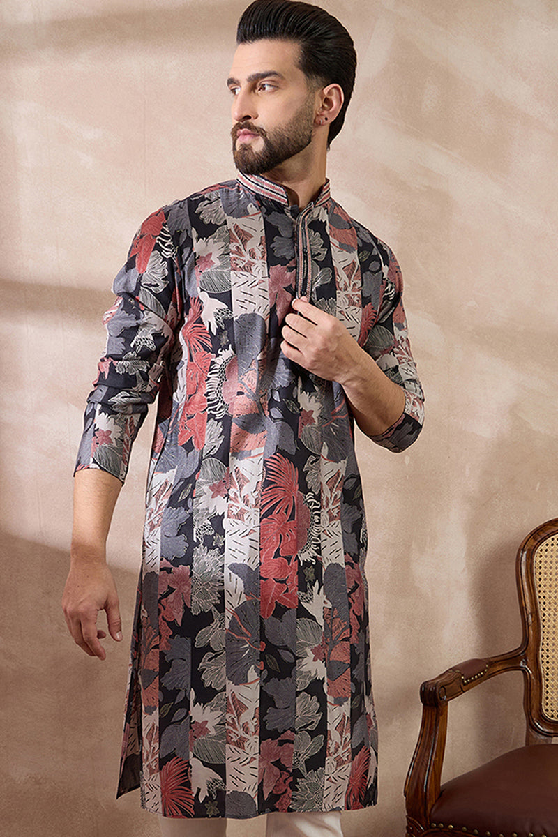 Black Silk Blend Printed Mandarin Collar Straight Kurta MKU1977