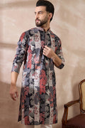 Black Silk Blend Printed Mandarin Collar Straight Kurta MKU1977