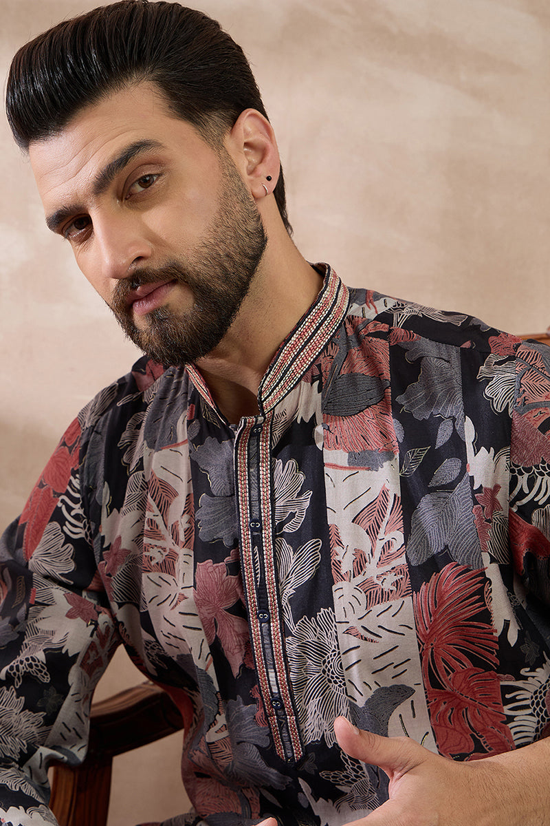 Black Silk Blend Printed Mandarin Collar Straight Kurta MKU1977
