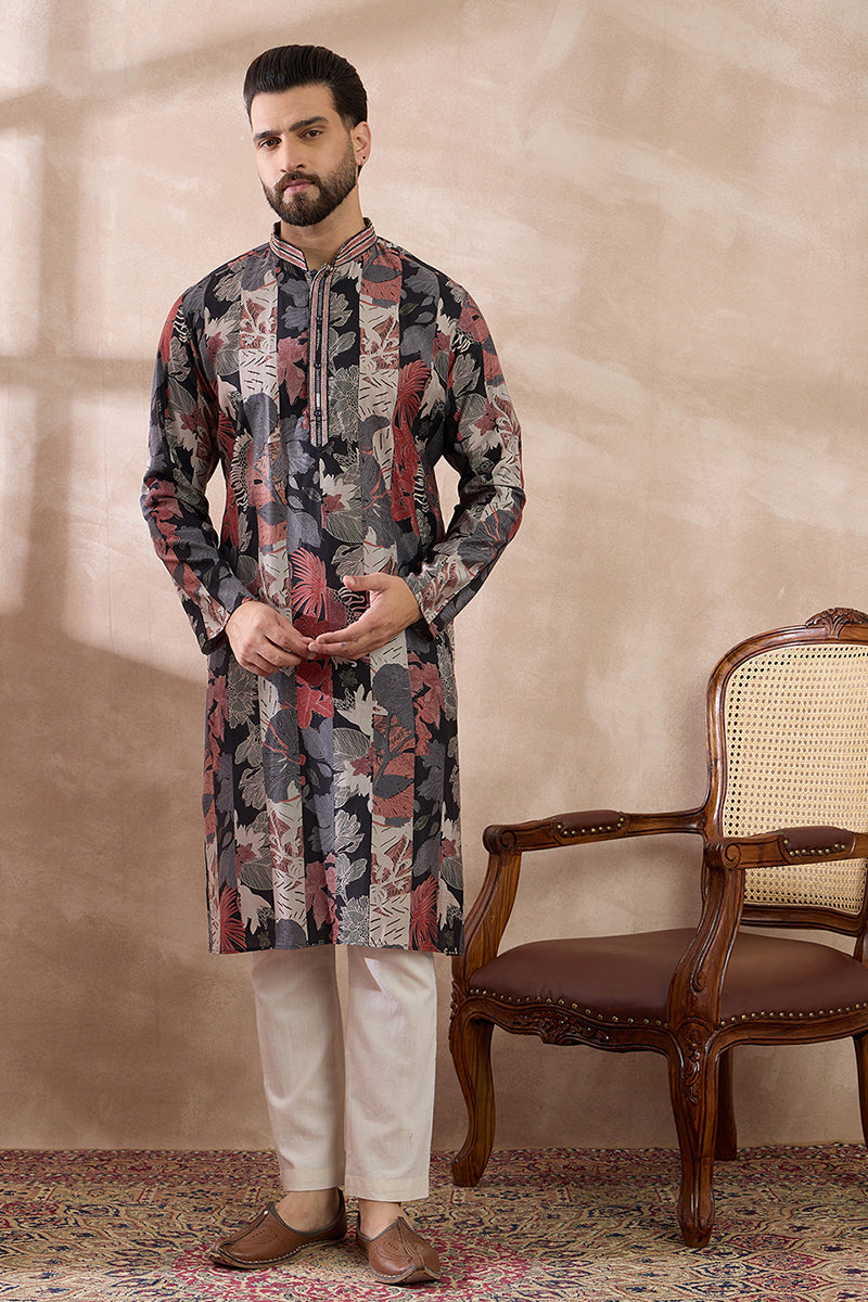 Black Silk Blend Printed Mandarin Collar Straight Kurta MKU1977