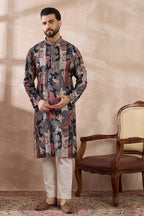 Black Silk Blend Printed Mandarin Collar Straight Kurta MKU1977