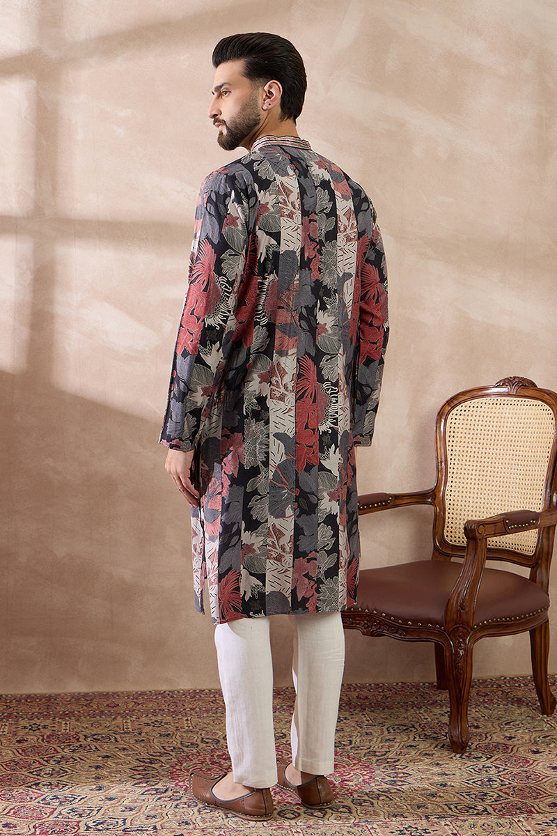 Black Silk Blend Printed Mandarin Collar Straight Kurta MKU1977