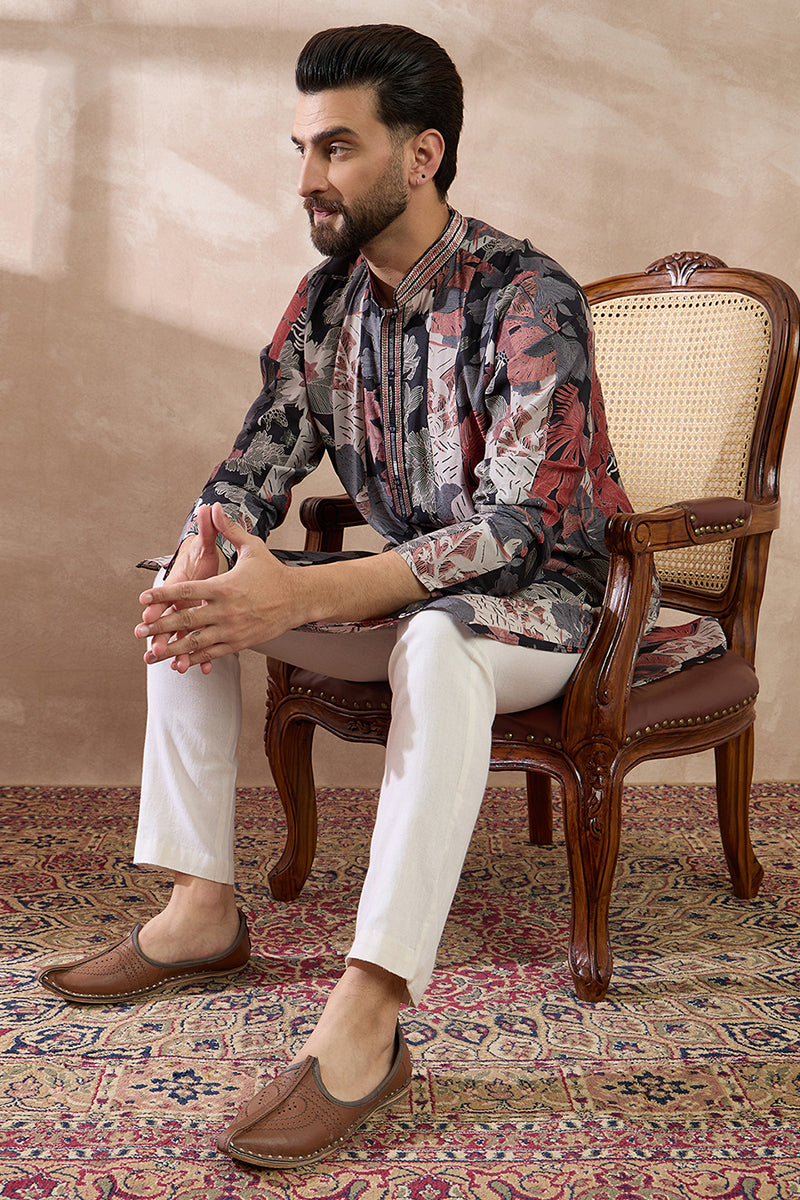 Black Silk Blend Printed Mandarin Collar Straight Kurta MKU1977