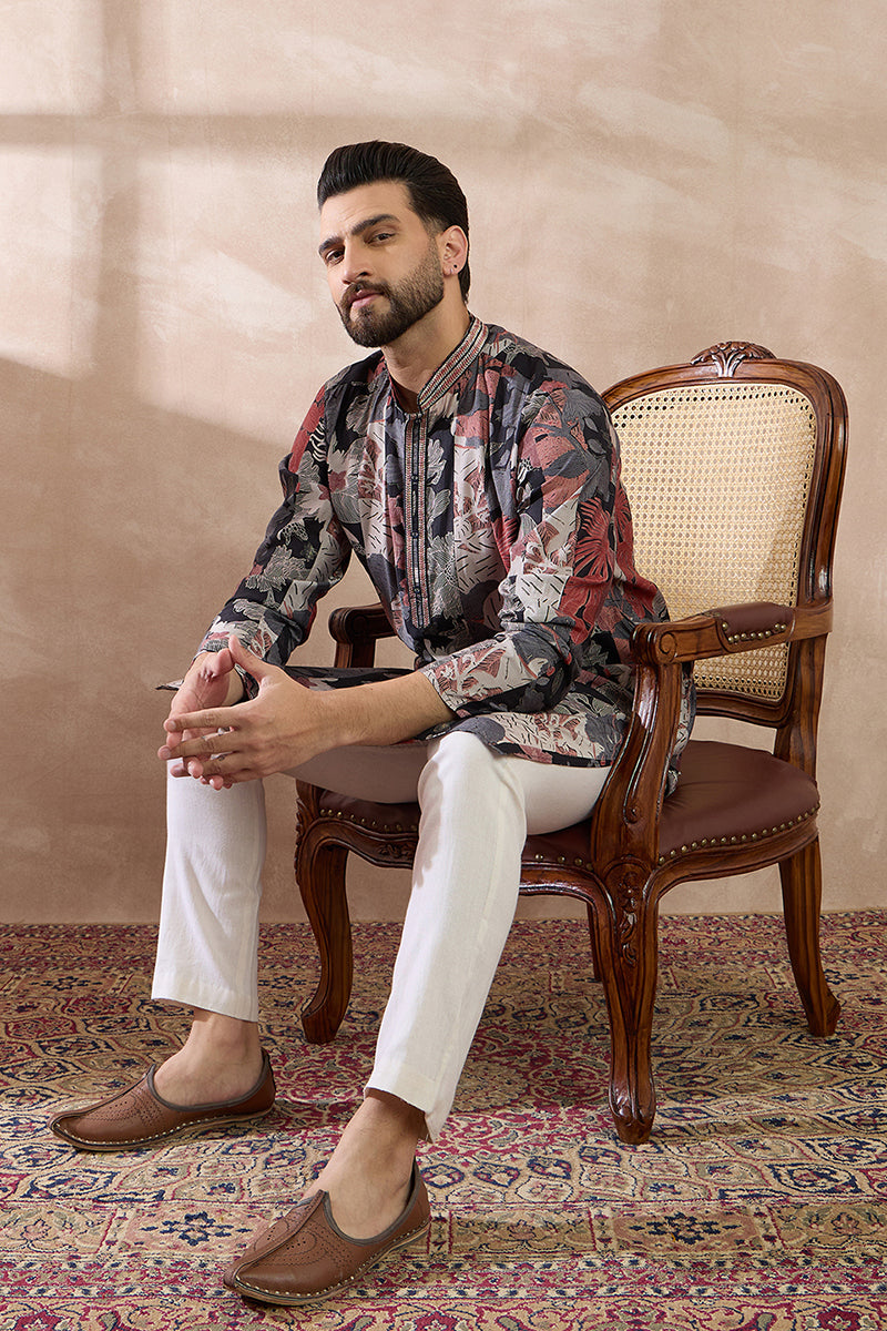 Black Silk Blend Printed Mandarin Collar Straight Kurta MKU1977
