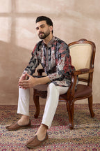 Black Silk Blend Printed Mandarin Collar Straight Kurta MKU1977
