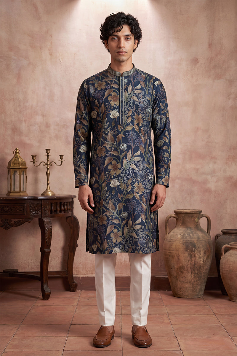 Blue Modal Floral Printed Calf Length Straight Regular Kurta With Trouser MKSET1978