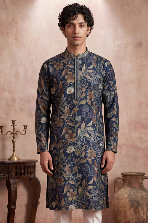 Blue Modal Floral Printed Calf Length Straight Regular Kurta With Trouser MKSET1978