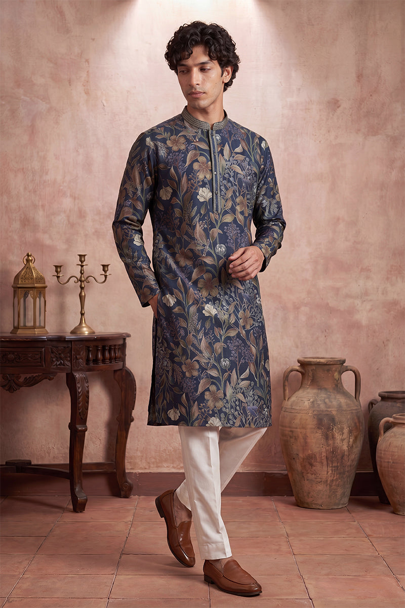 Blue Modal Floral Printed Calf Length Straight Regular Kurta With Trouser MKSET1978