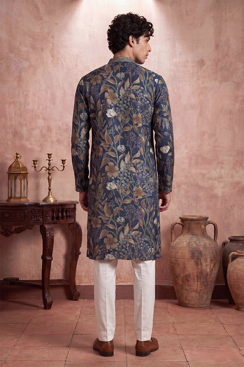 Blue Modal Floral Printed Calf Length Straight Regular Kurta MKU1978