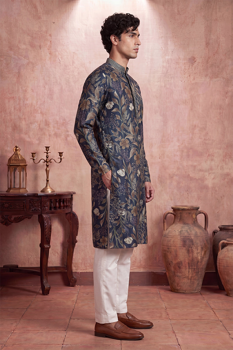 Blue Modal Floral Printed Calf Length Straight Regular Kurta With Trouser MKSET1978