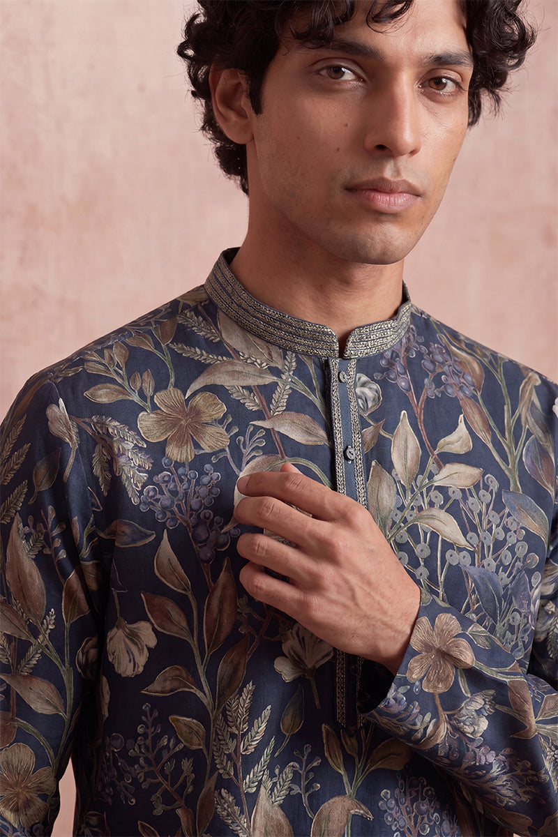 Blue Modal Floral Printed Calf Length Straight Regular Kurta MKU1978