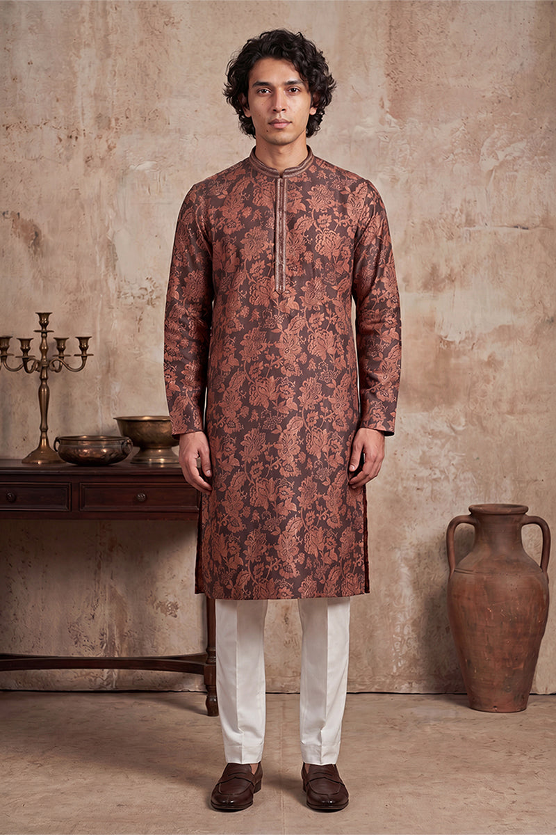 Grey Modal Floral Printed Calf Length Straight Regular Kurta With Trouser MKSET1980