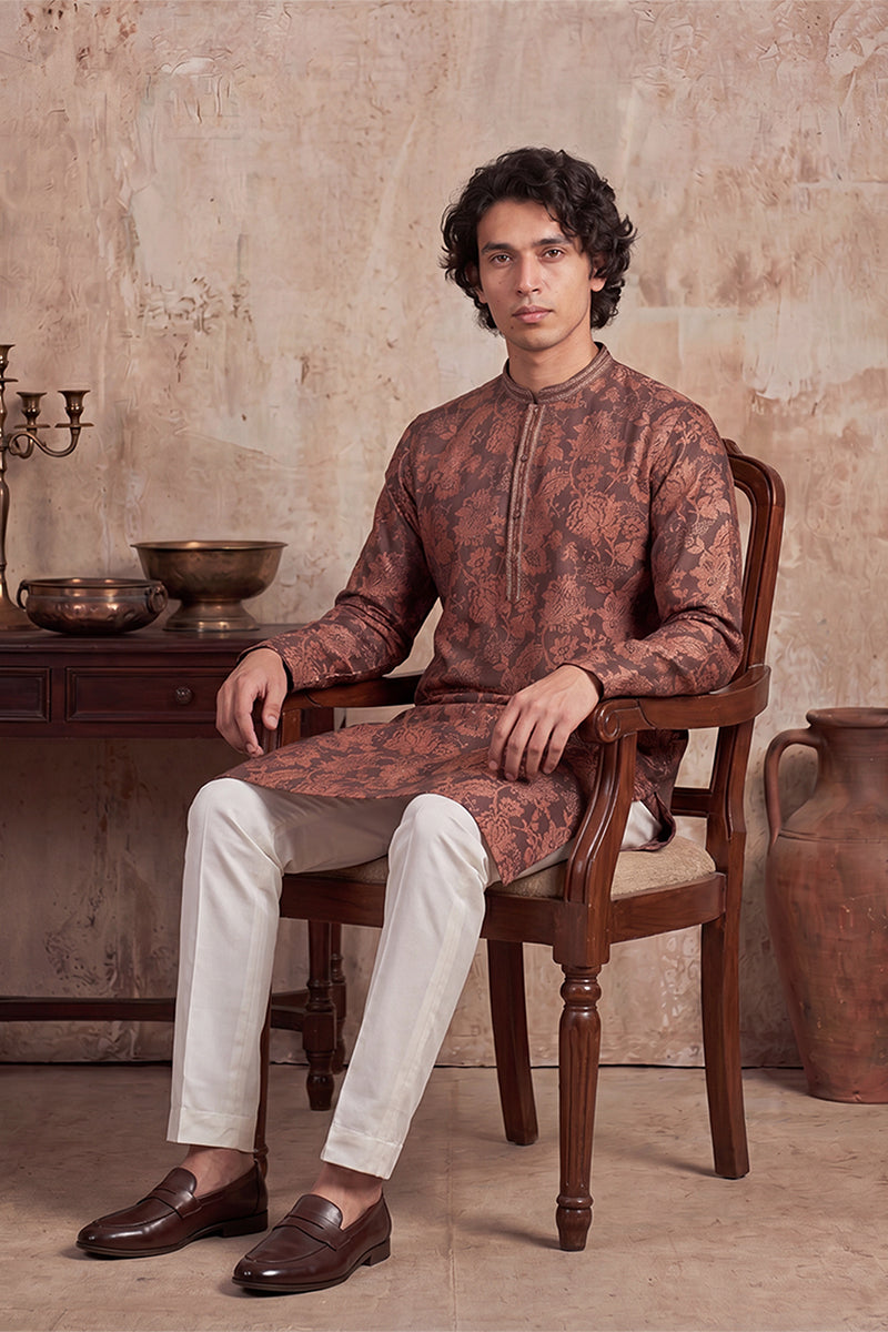 Grey Modal Floral Printed Calf Length Straight Regular Kurta With Trouser MKSET1980