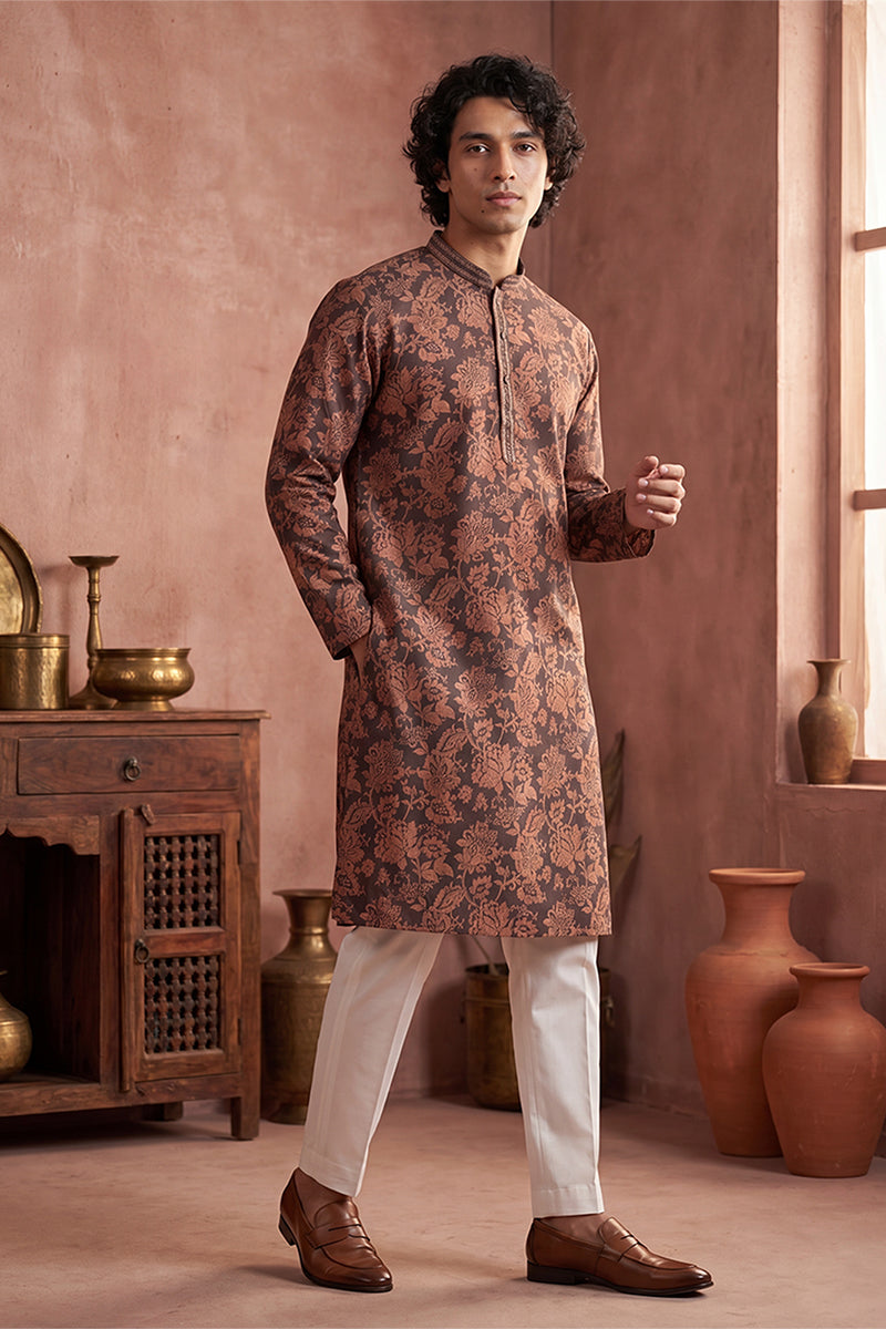 Grey Modal Floral Printed Calf Length Straight Regular Kurta MKU1980