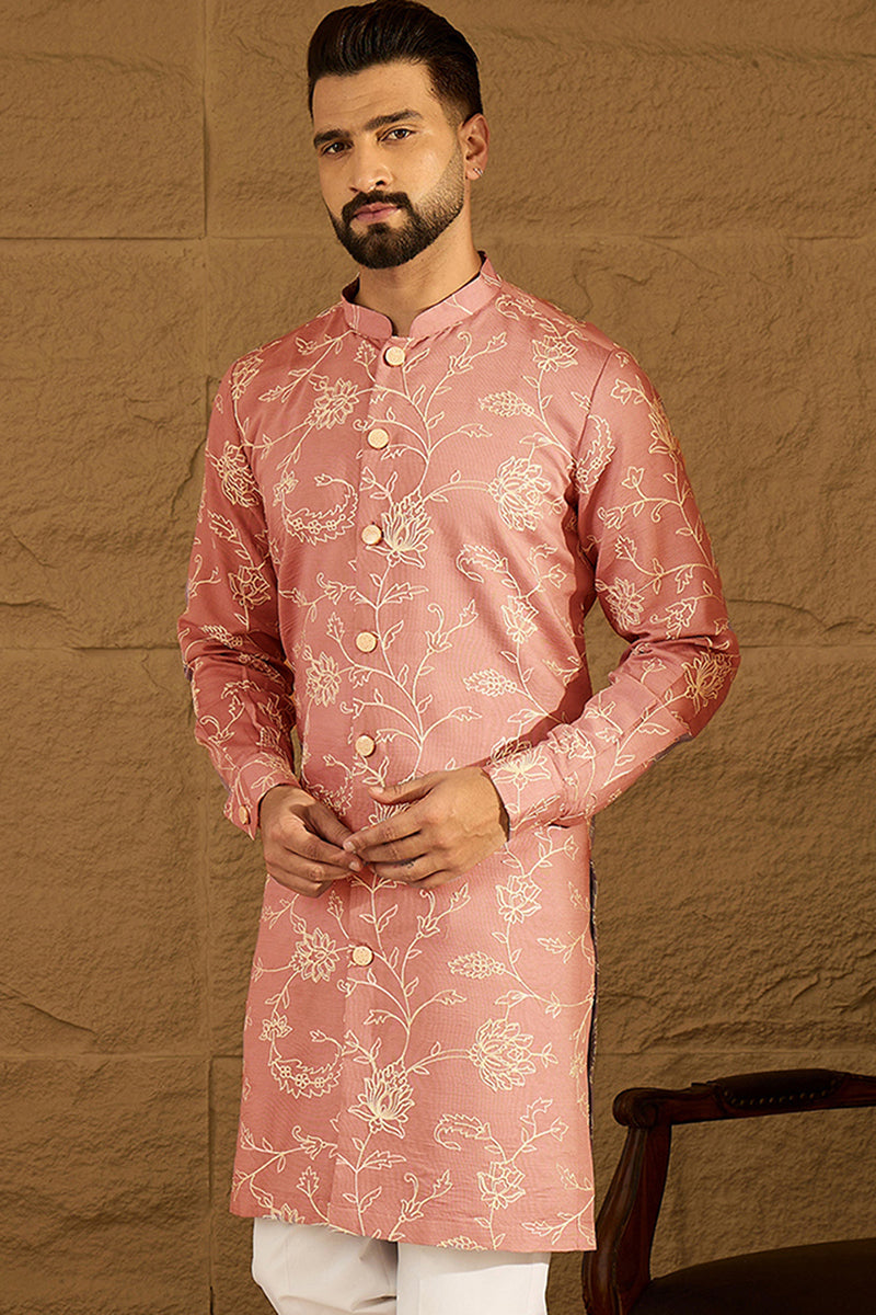 Peach Viscose Rayon Embroidered Mandarin Collar Straight Kurta MKU1989