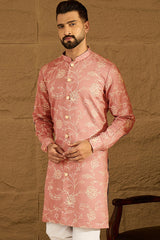 Peach Viscose Rayon Embroidered Mandarin Collar Straight Kurta MKU1989