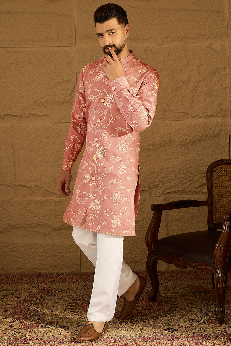 Peach Viscose Rayon Embroidered Mandarin Collar Straight Kurta MKU1989