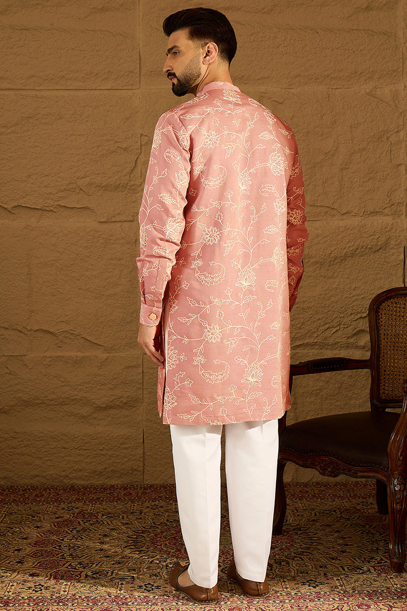 Peach Viscose Rayon Embroidered Mandarin Collar Straight Kurta MKU1989