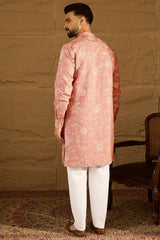 Peach Viscose Rayon Embroidered Mandarin Collar Straight Kurta MKU1989