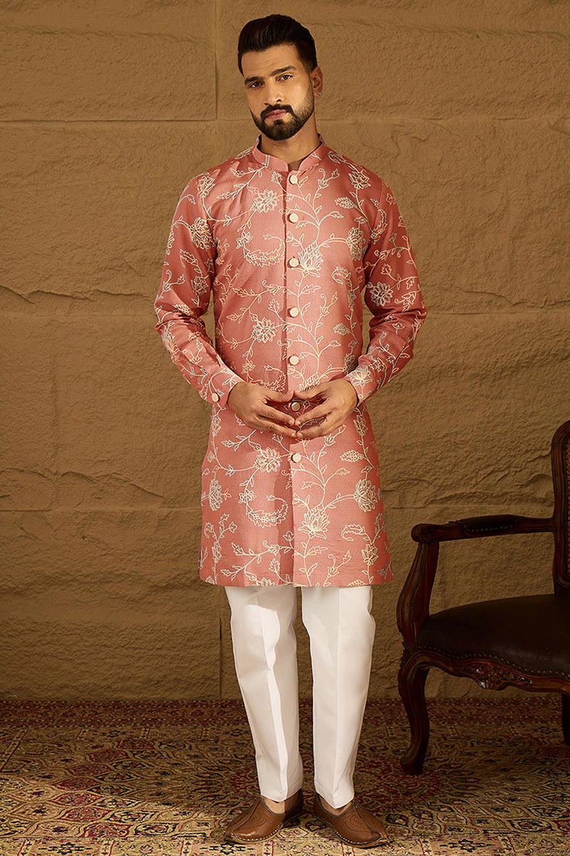 Peach Viscose Rayon Embroidered Mandarin Collar Straight Kurta MKU1989